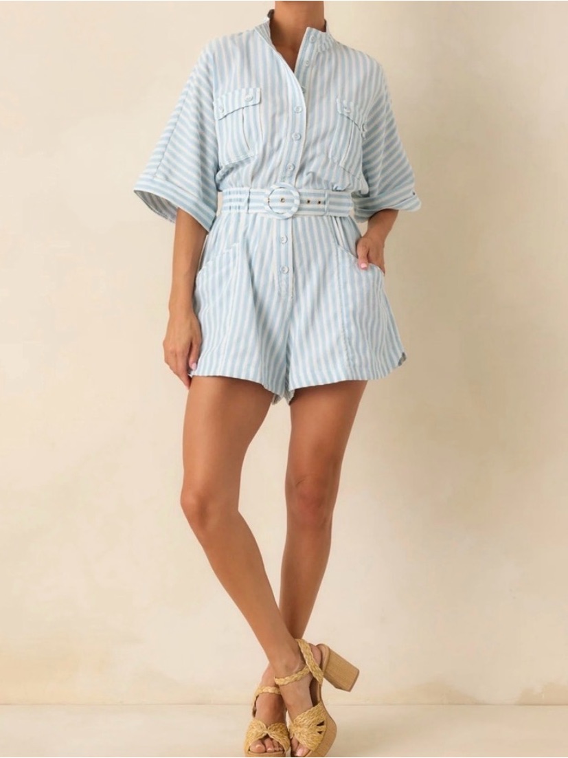 Striped Light Blue Linen-Blend Romper With Belt